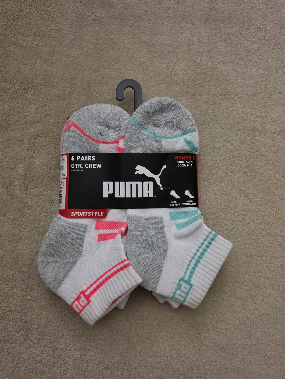 Puma Women's Quarter Crew Pink/Green/Gray/Black/White 6Pk Socks